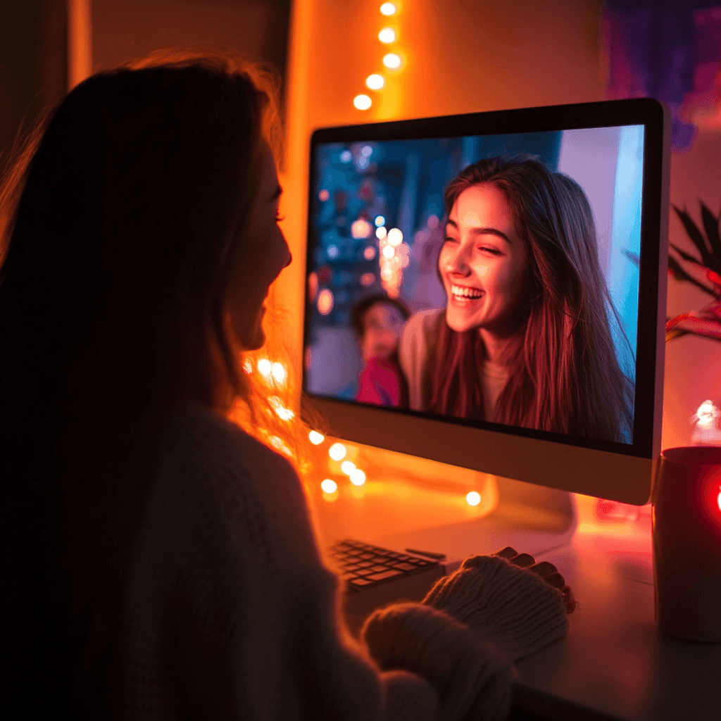 Woman in a cozy sweater video chatting on her computer, with warm fairy lights illuminating the surroundings.